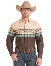 Panhandle Mens Brn/ Tan LS Borders Snap SMN2S09550.