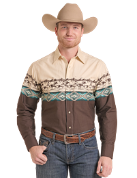 Panhandle Mens Brn/ Tan LS Borders Snap SMN2S09550.