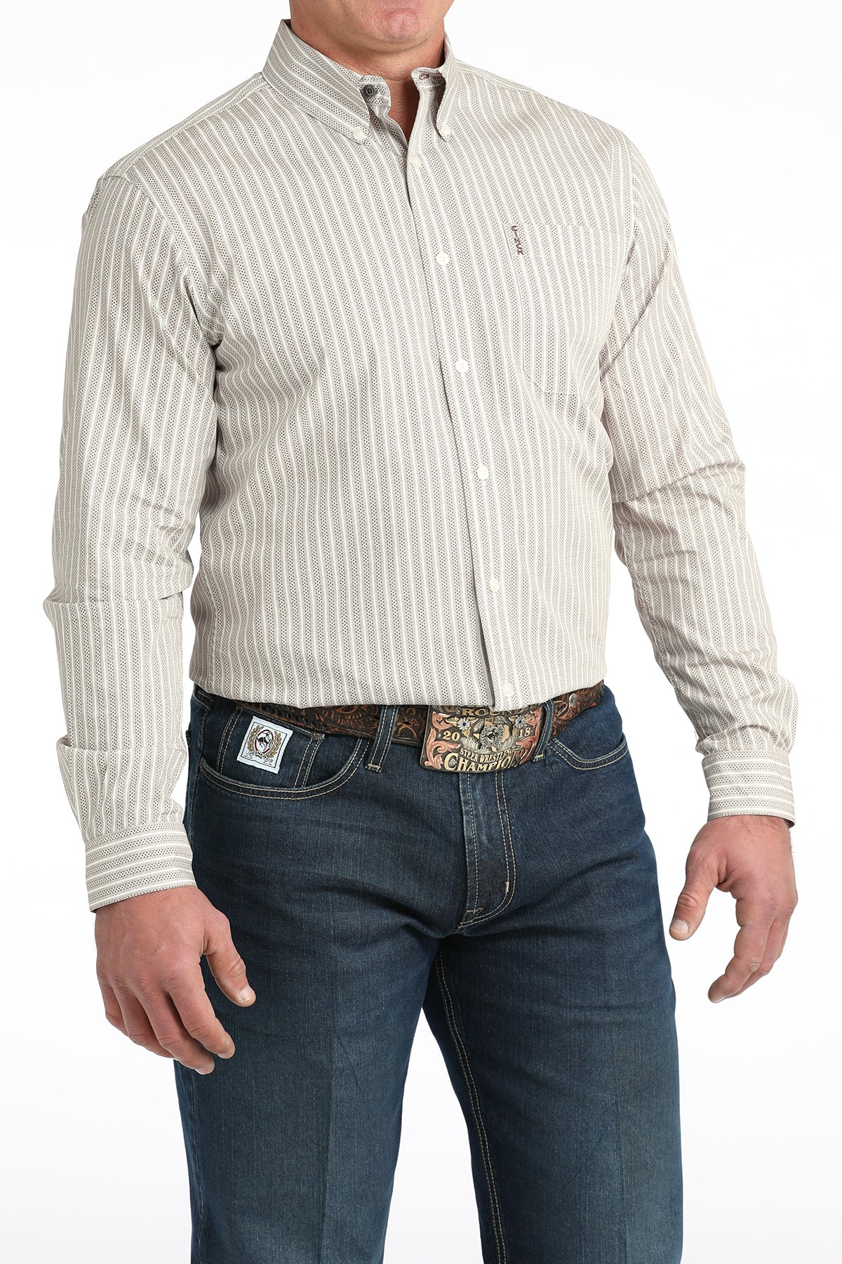 Cinch Men's Tan Striped Long Sleeve Shirt MTW1347148