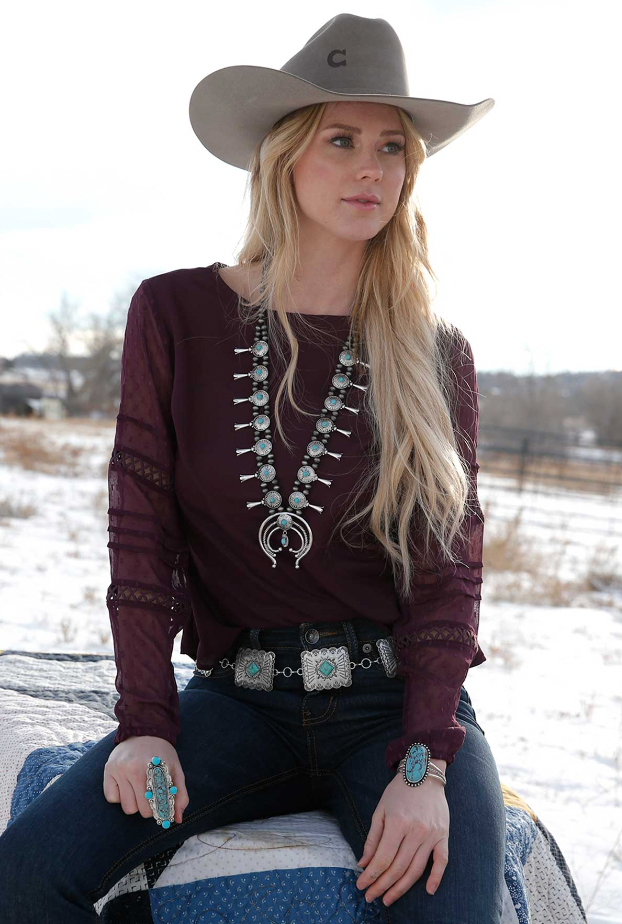 Cruel Girl Women's Georgette Purple Lace Blouse CTW7430001 C5