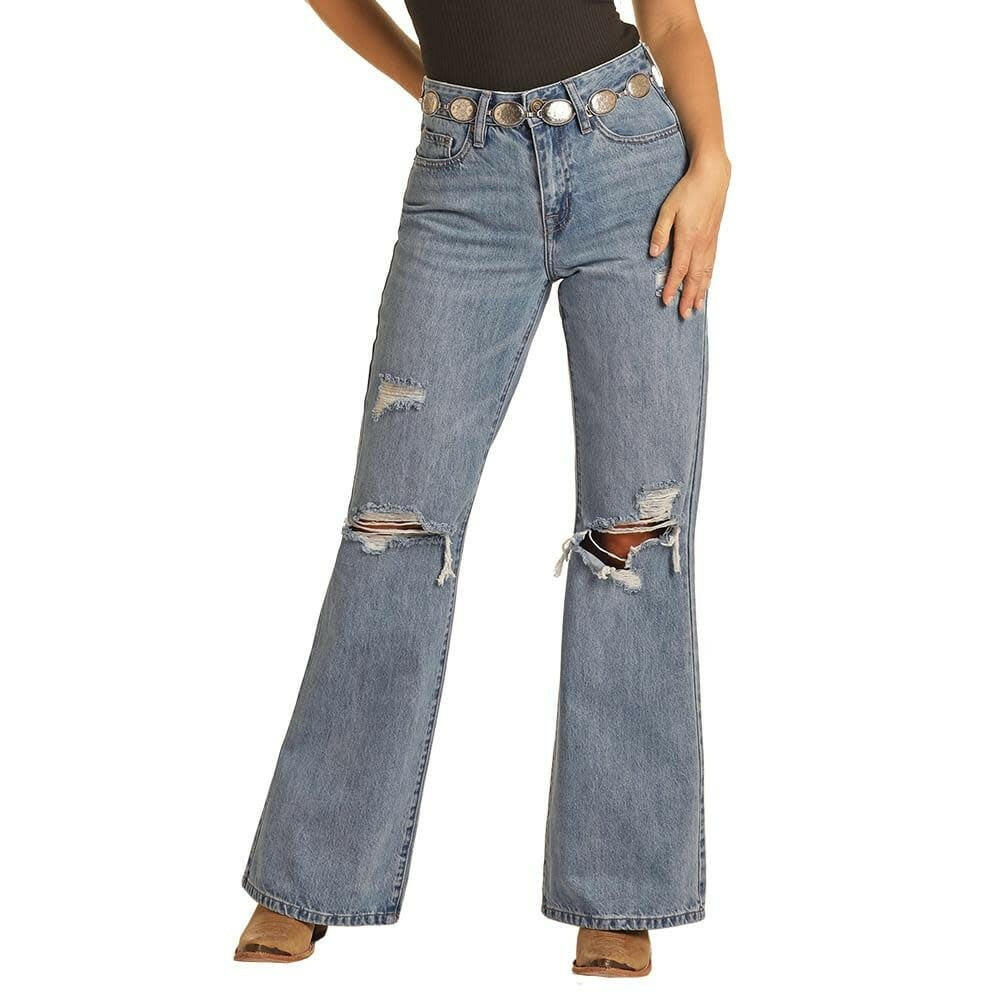 Rock & Roll Cowgirl Wide Leg Distressed Jean.