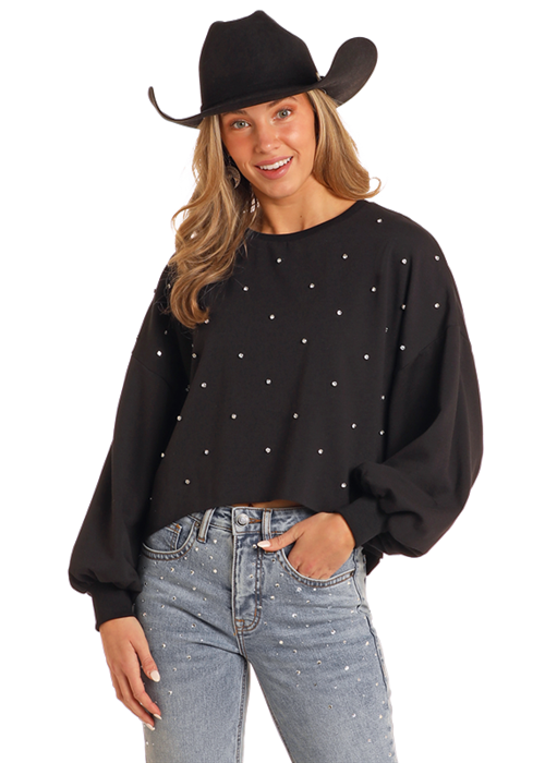 Rock & Roll Cowgirl Black Rhinestone Sweater.