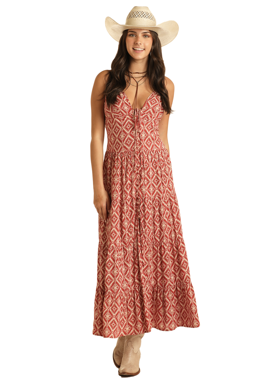 Rock & Roll Cowgirl Red Aztec Maxi Dress.