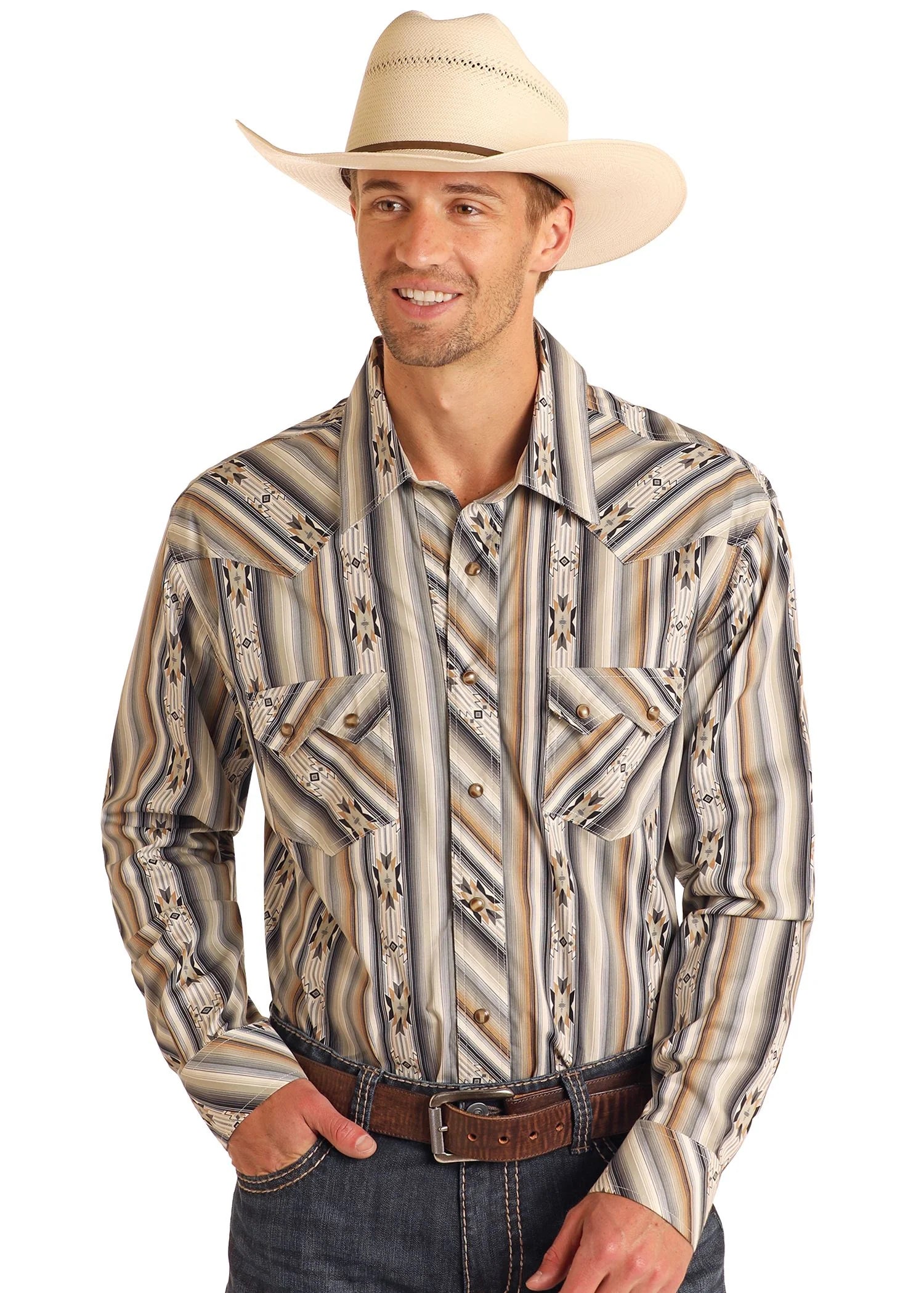 Rock & Roll Cowboy Aztec Stripe Snap Front Shirt