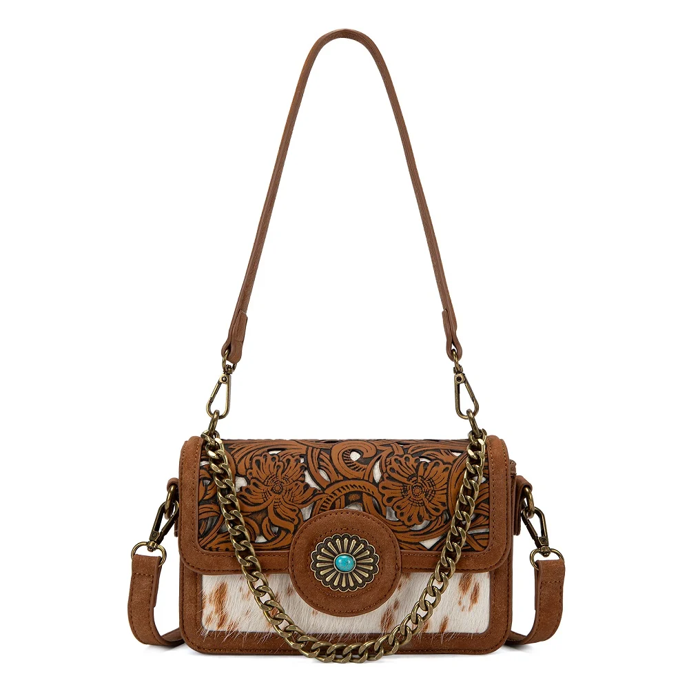 Trinity Ranch Brown Cowhide Floral Crossbody Bag TR205-888BR.