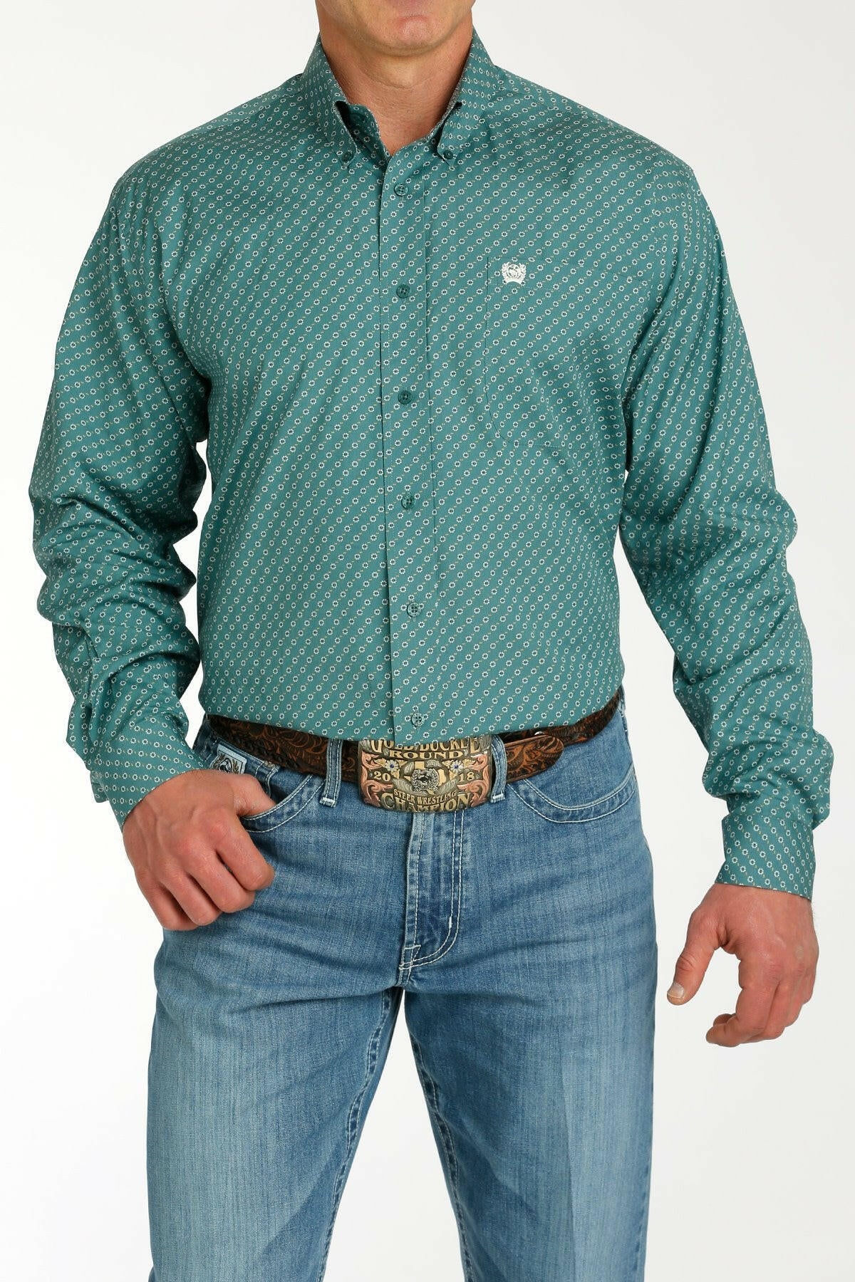 Cinch Men's Teal Patterned Long Sleeve Shirt.