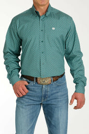 Cinch Men's Teal Patterned Long Sleeve Shirt.