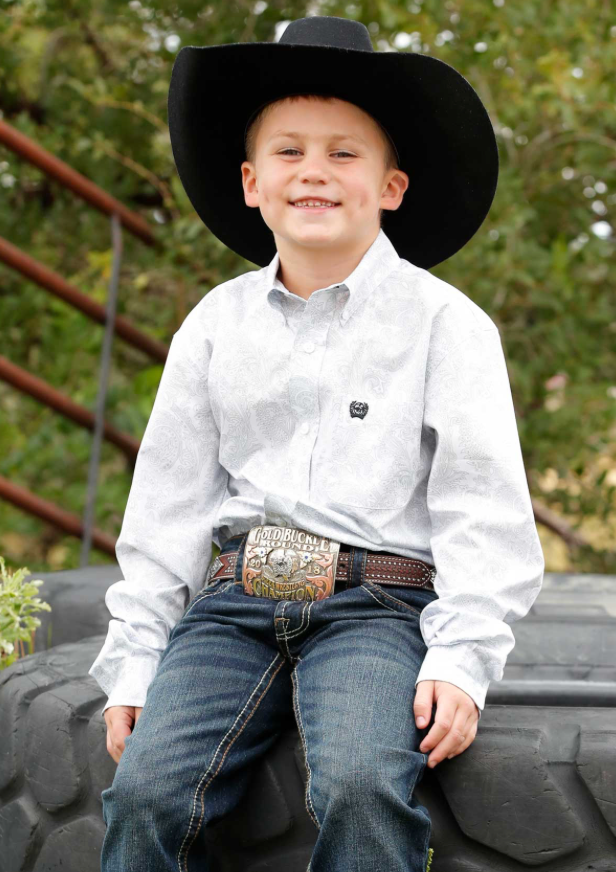 Cinch Boy's White Printed Long Sleeve Shirt MTW7060393