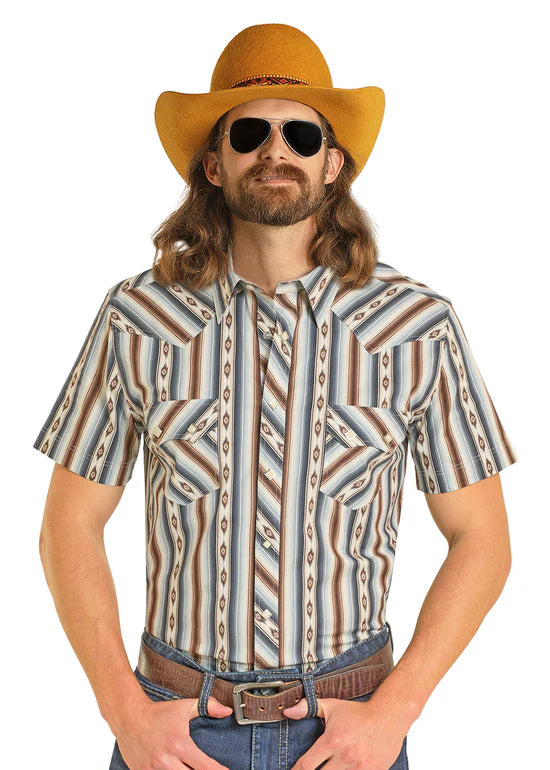 Rock & Roll Denim Men's Dale Brisby Slim Fit Aztec Striped Snap Front Shirt BMN3S08306