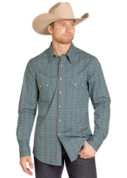 Rock & Roll Men's Teal Patterned Long Sleeve Shirt BMN2S07650