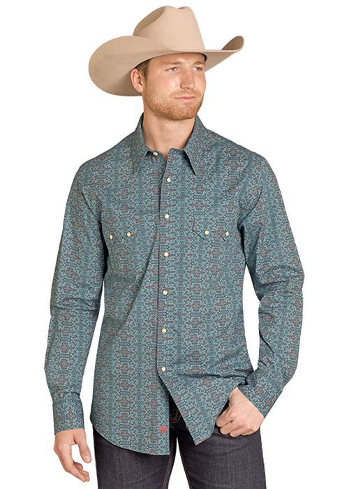 Rock & Roll Men's Teal Patterned Long Sleeve Shirt BMN2S07650