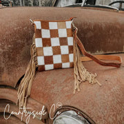 Countryside Cowhide Checkered Fringe Purse