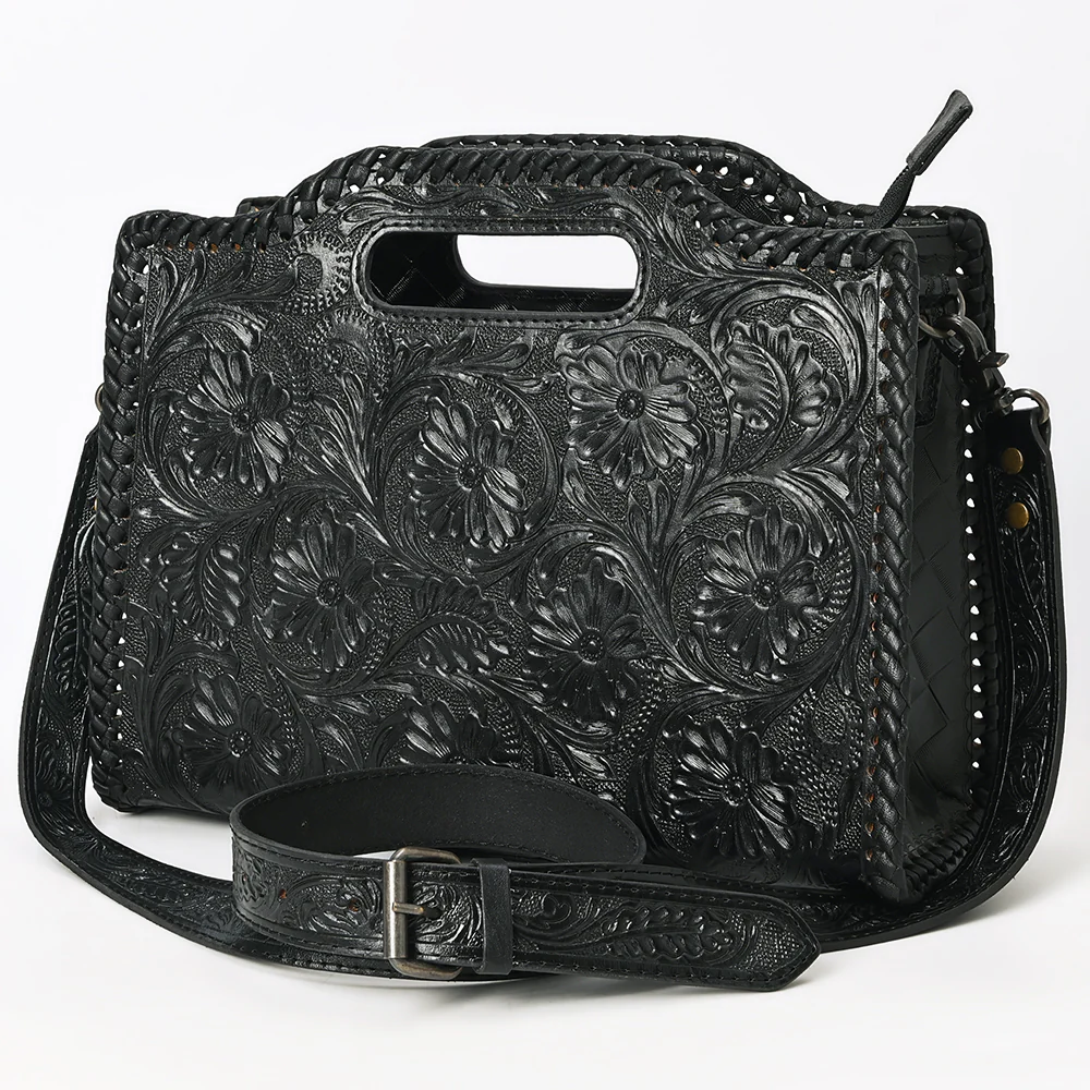 American Darling Black Hand-Tooled Leather Clutch with Floral Carving ADBG1474.