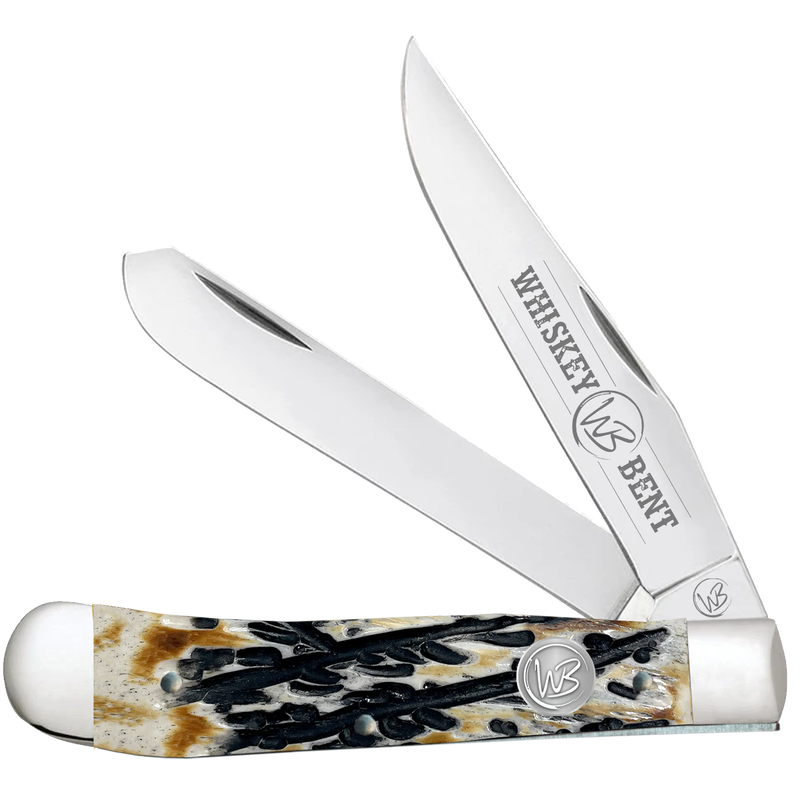 Whiskey Bent Carved Burnt Bone Trapper Knife WB16-16