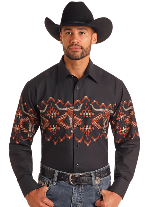 Panhandle Slim Longhorn Border Print Snap Front Shirt