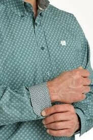 Cinch Men's Teal Patterned Long Sleeve Shirt.
