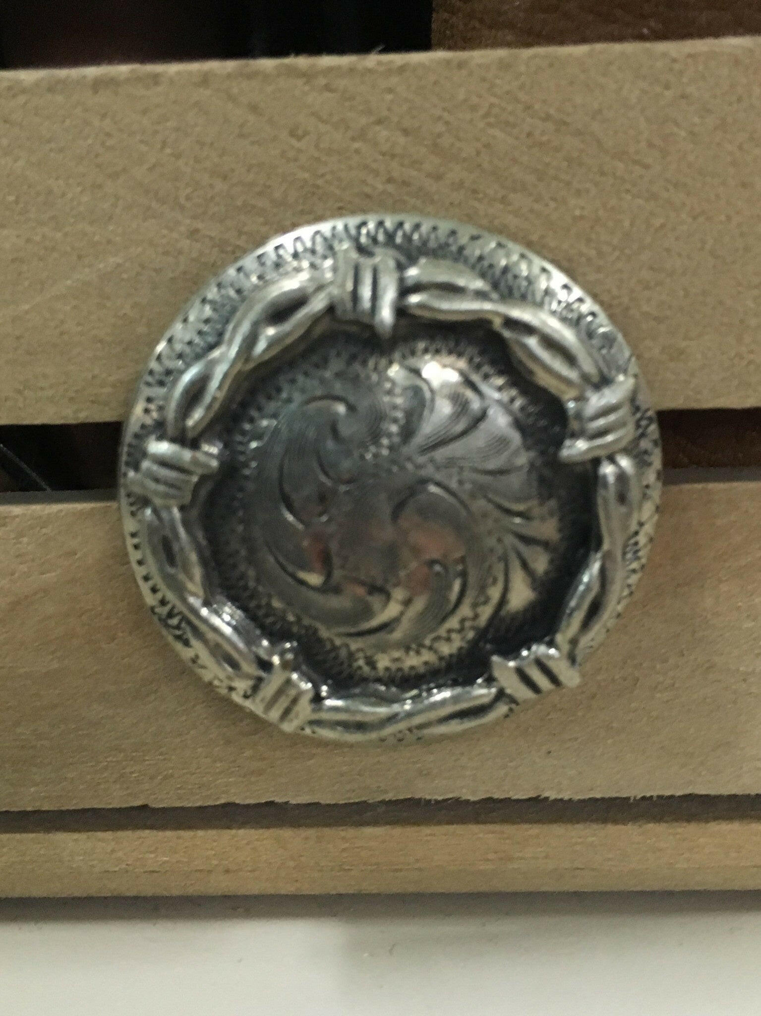 Med/Large Antique Silver Barbed Wire Screw Concho.
