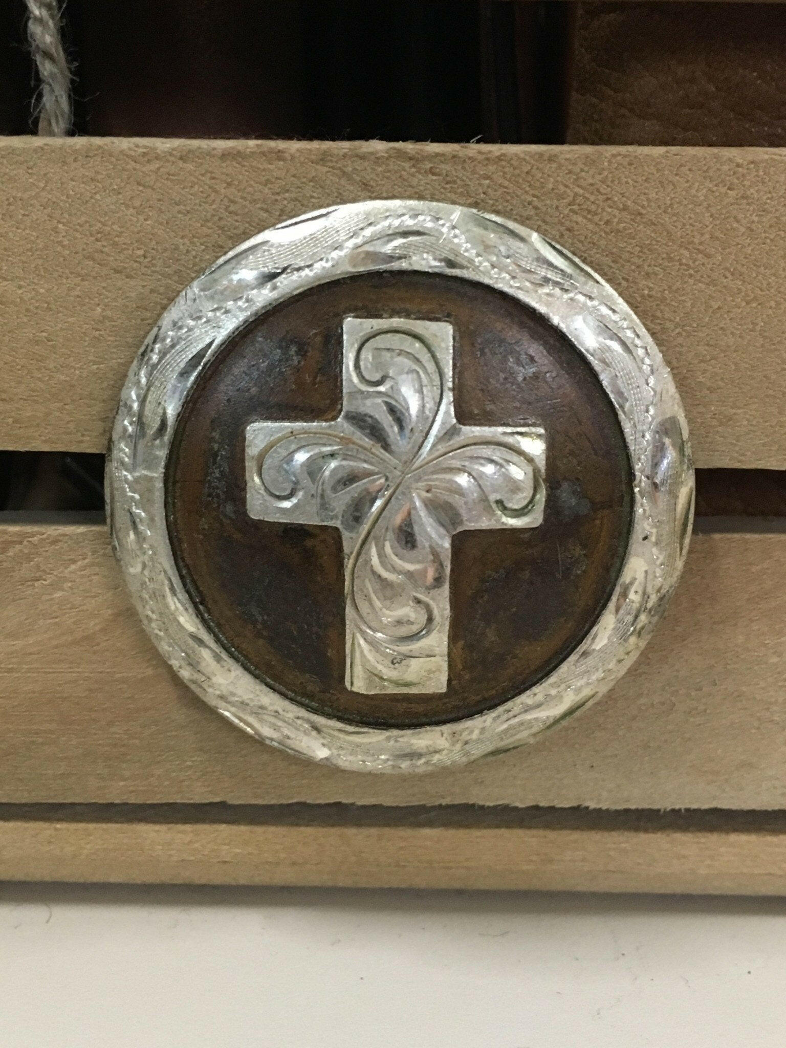 Large Tan Antique Silver Cross Screw Concho.