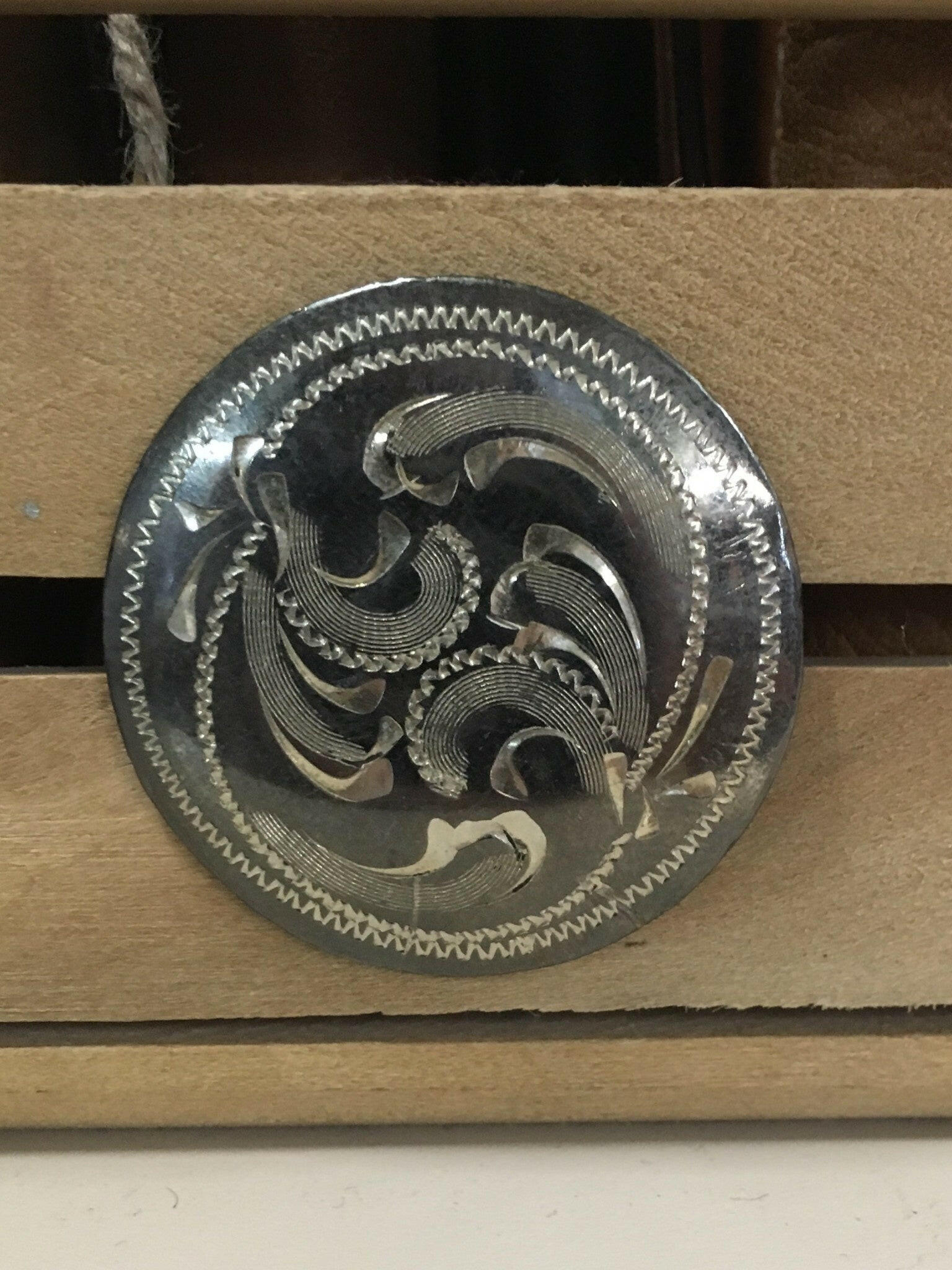 Large Dark Silver Engraved Screw Concho.