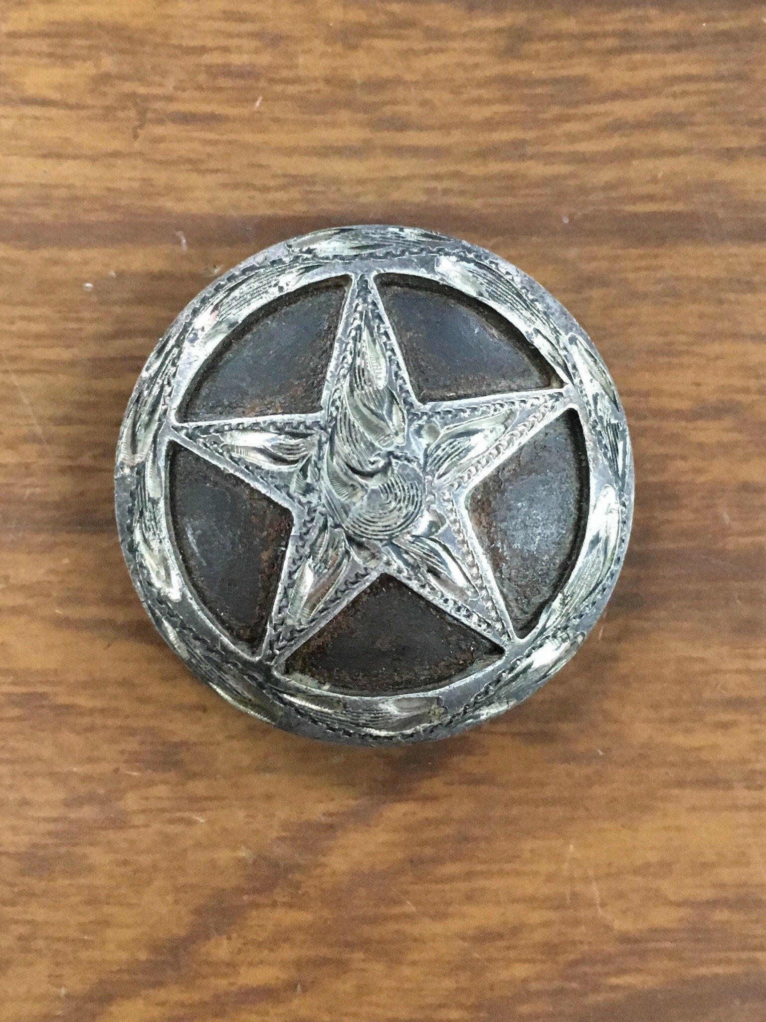 Medium Antique Silver Engraved Star CS Concho.