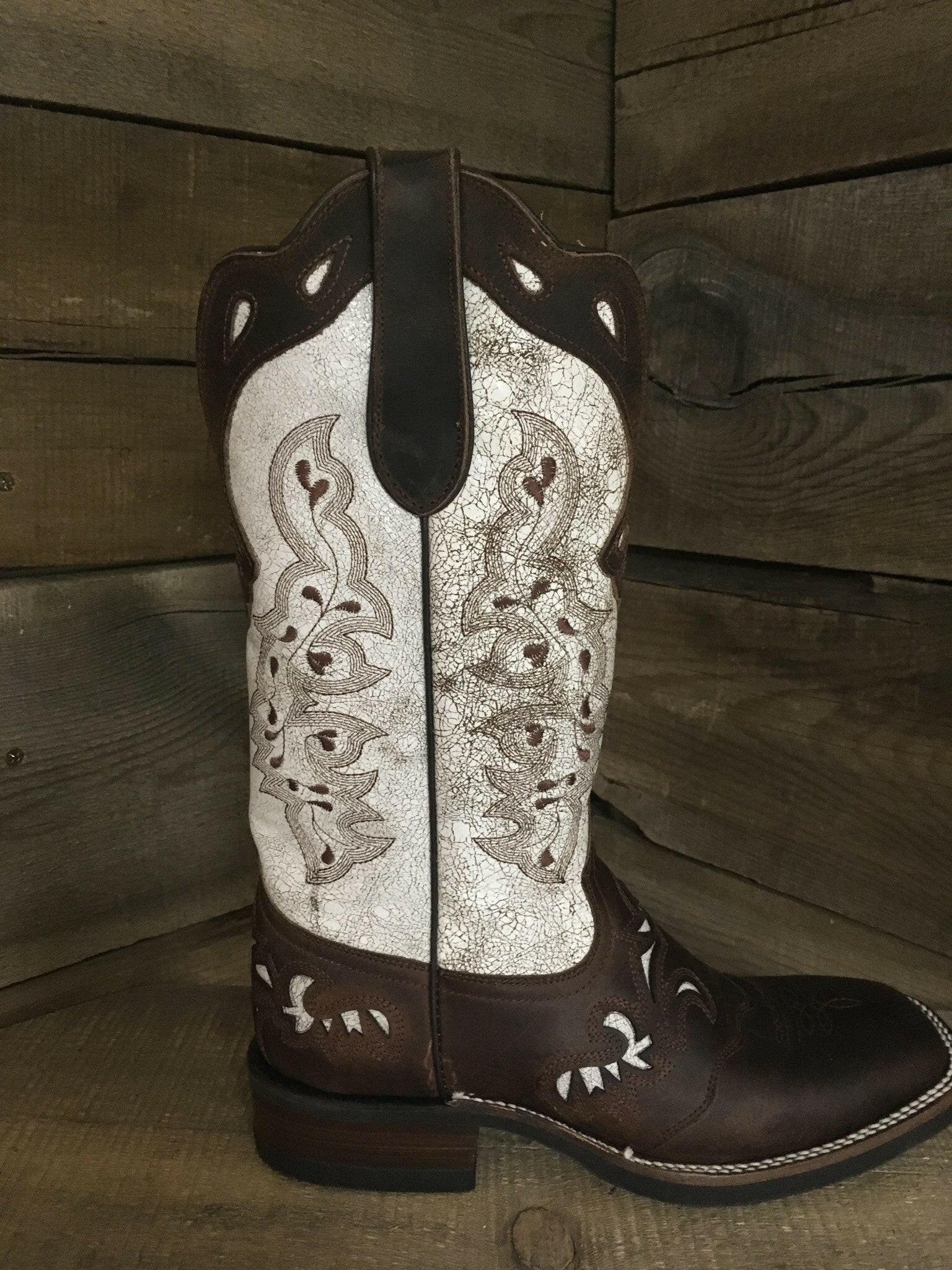 Cream Top Chocolate Saddle Vamp Boots.