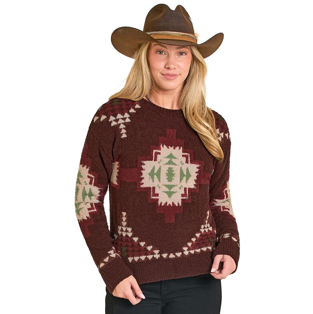 Rock & Roll Cowgirl's Java Boucle Aztec Sweater LW32T07931