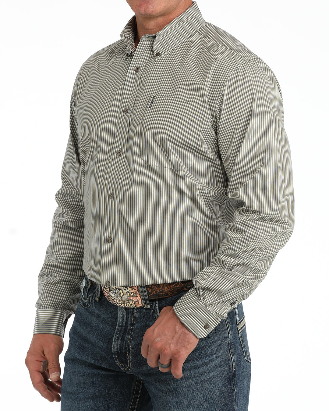 Cinch Men's Olive Striped LS MTW1347162.