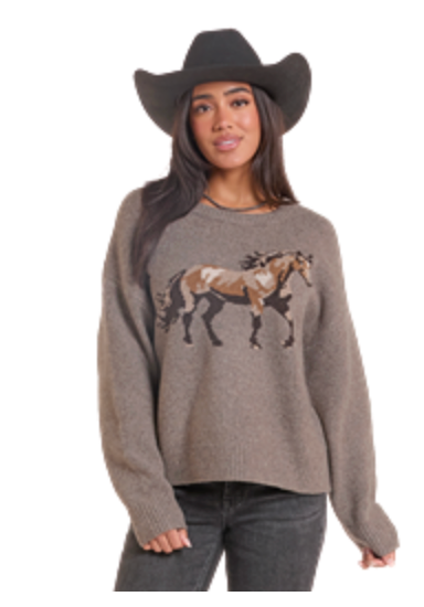 R&R Wmns Heathered Horse Sweater Taupe BW32T09971.