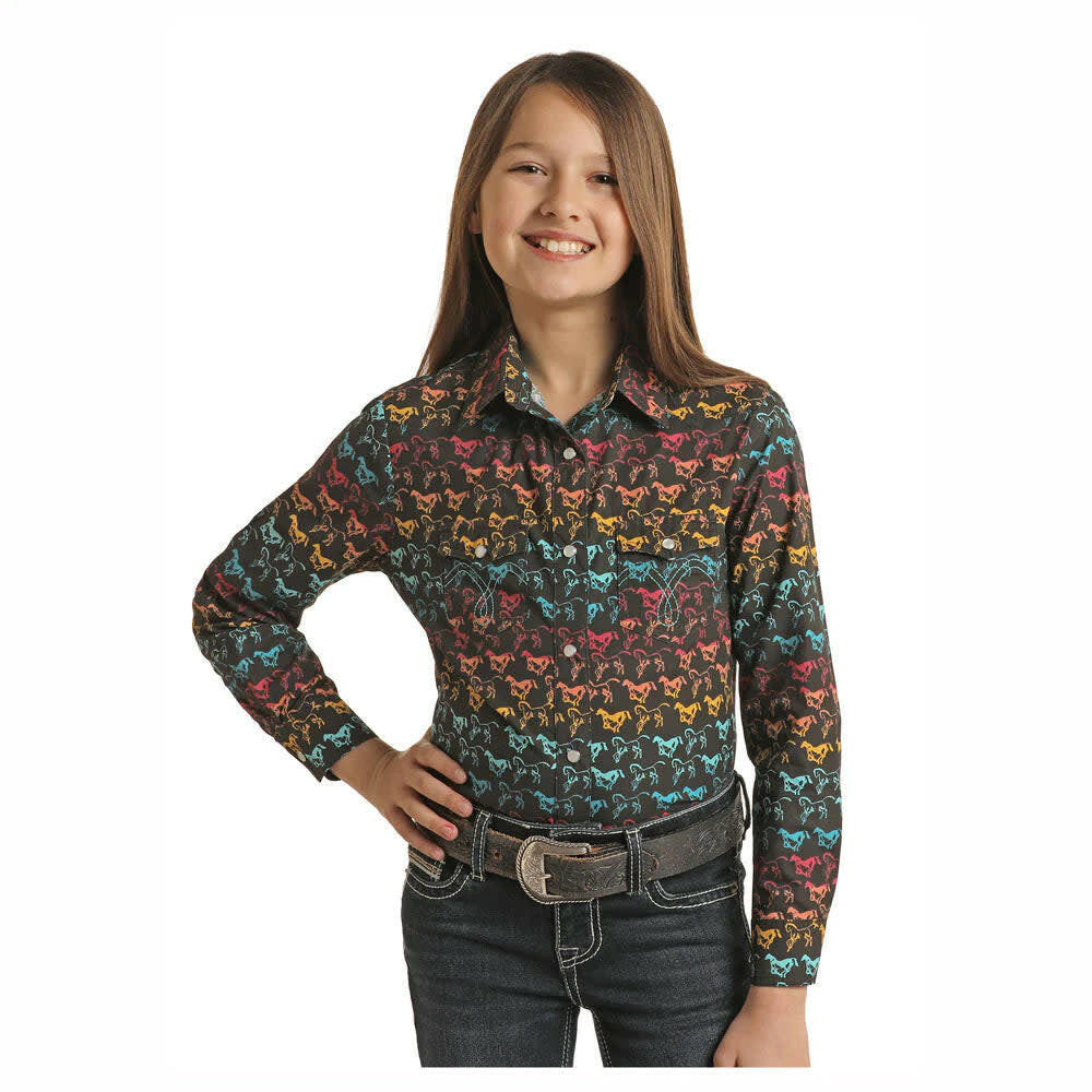 White Label Girl's Horse Print Snap Front Shirt.