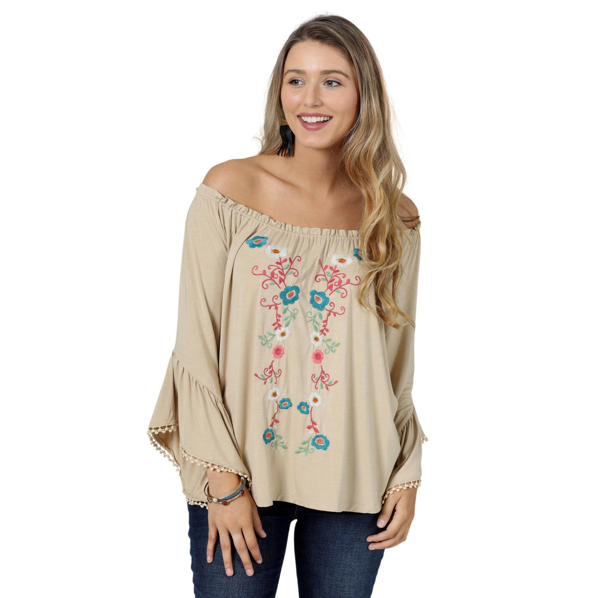 Wrangler Women's Tan Floral Off the Shoulder Shirt Size S.