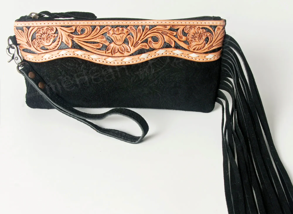 American Darling Fringe & Floral Tooled Leather Wristlet ADBG344DM1