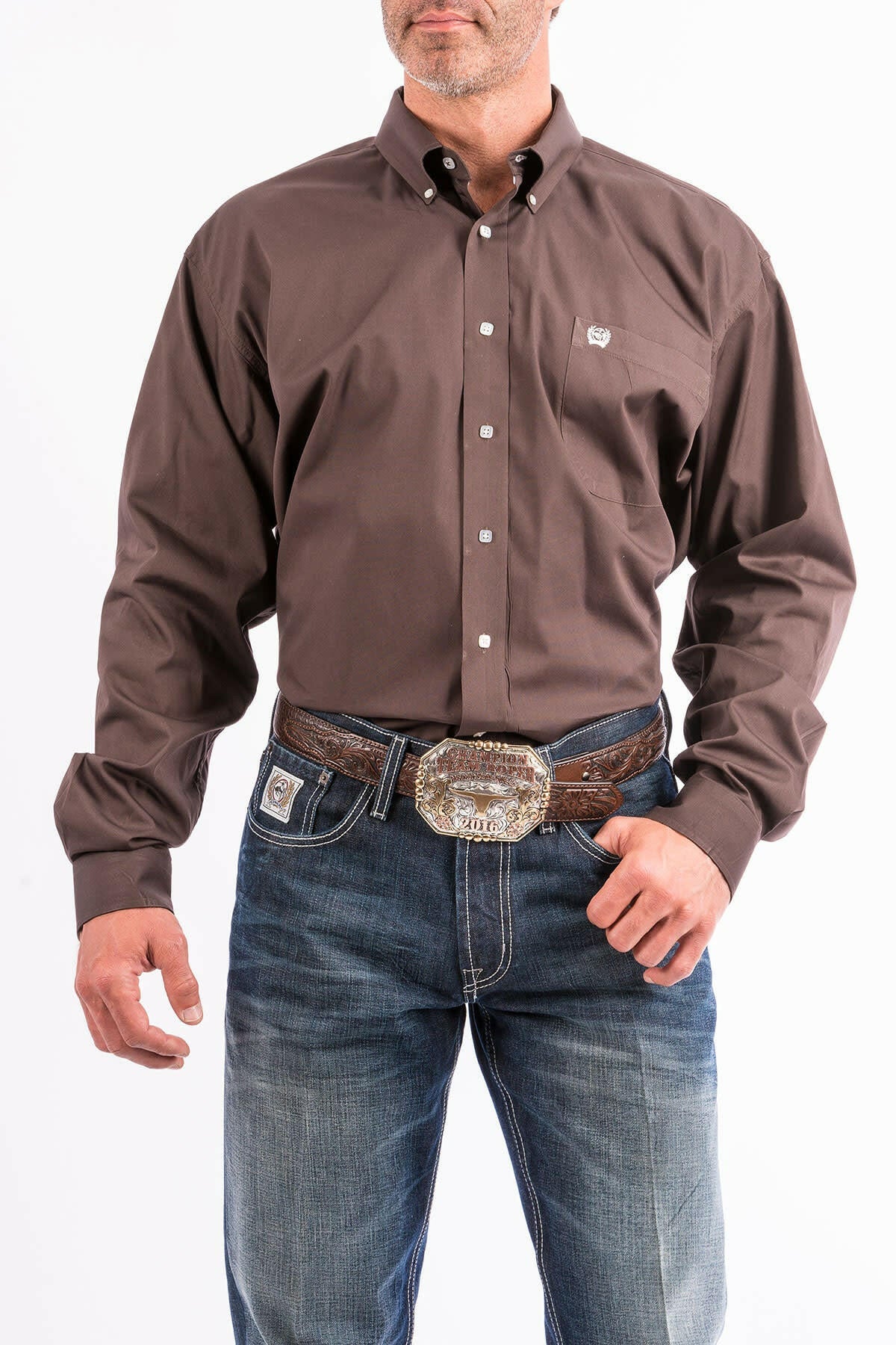 Cinch Men's Solid Brown Long Sleeve Shirt.