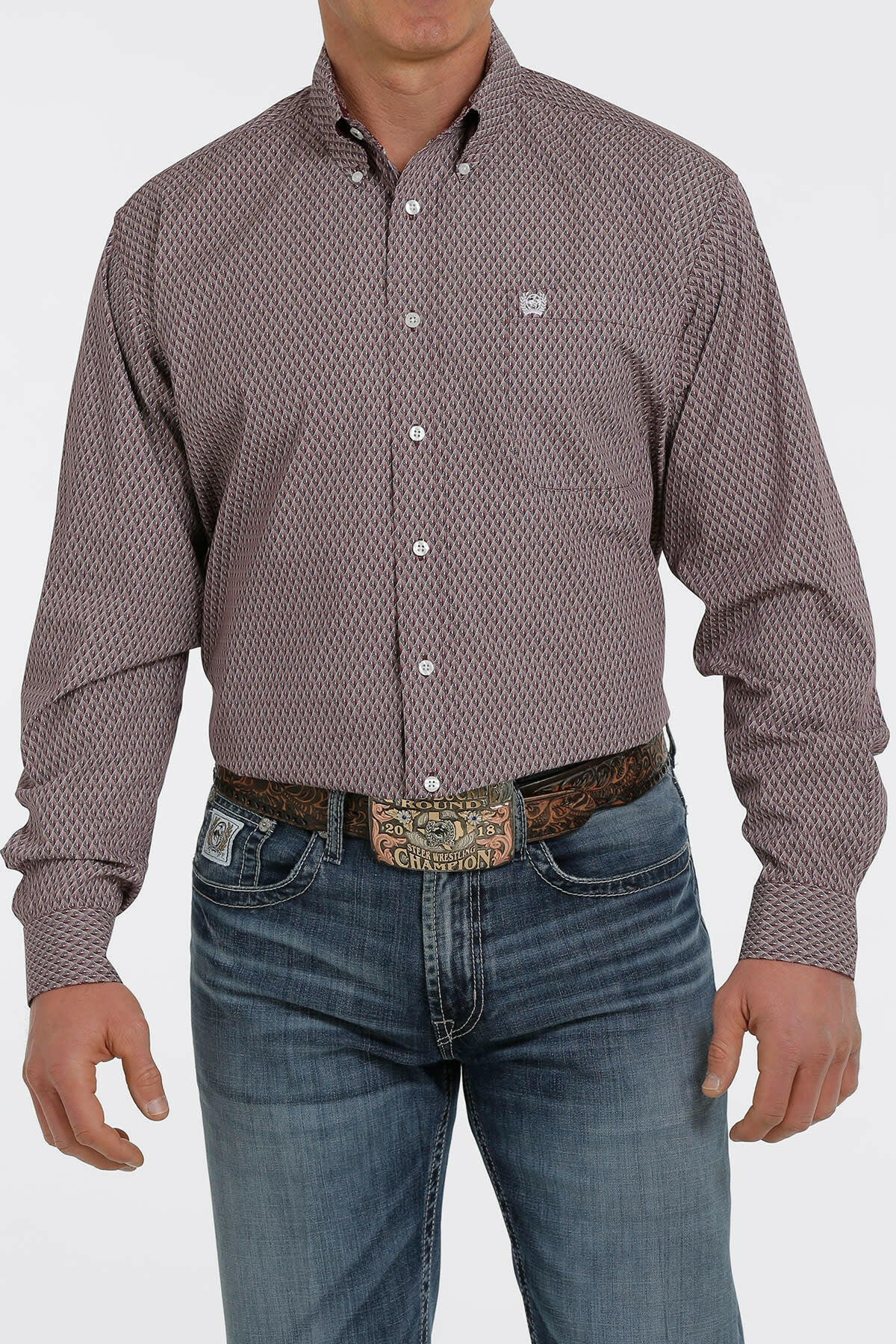 Cinch Men's Purple Geometric Print Button Down Shirt.