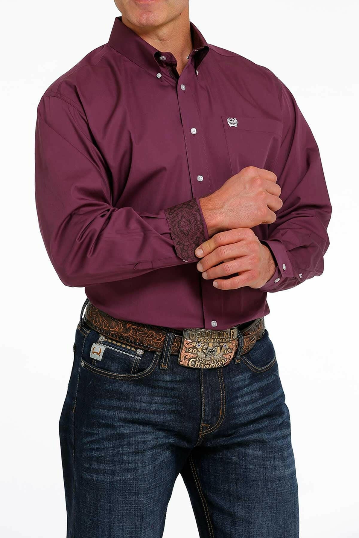 Cinch Men's Solid Purple Long Sleeve Shirt.