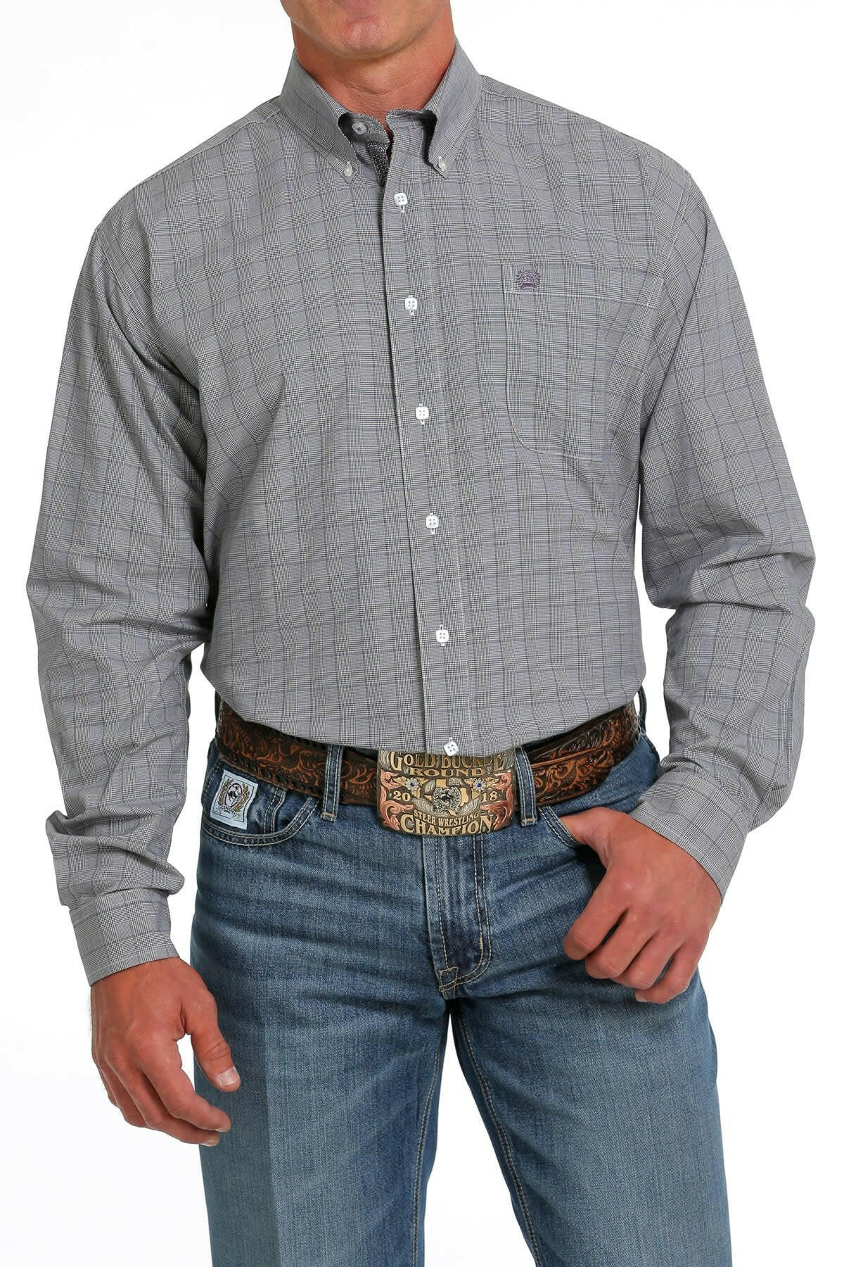 Cinch Men's Grey Plaid Long Sleeve Shirt C3.