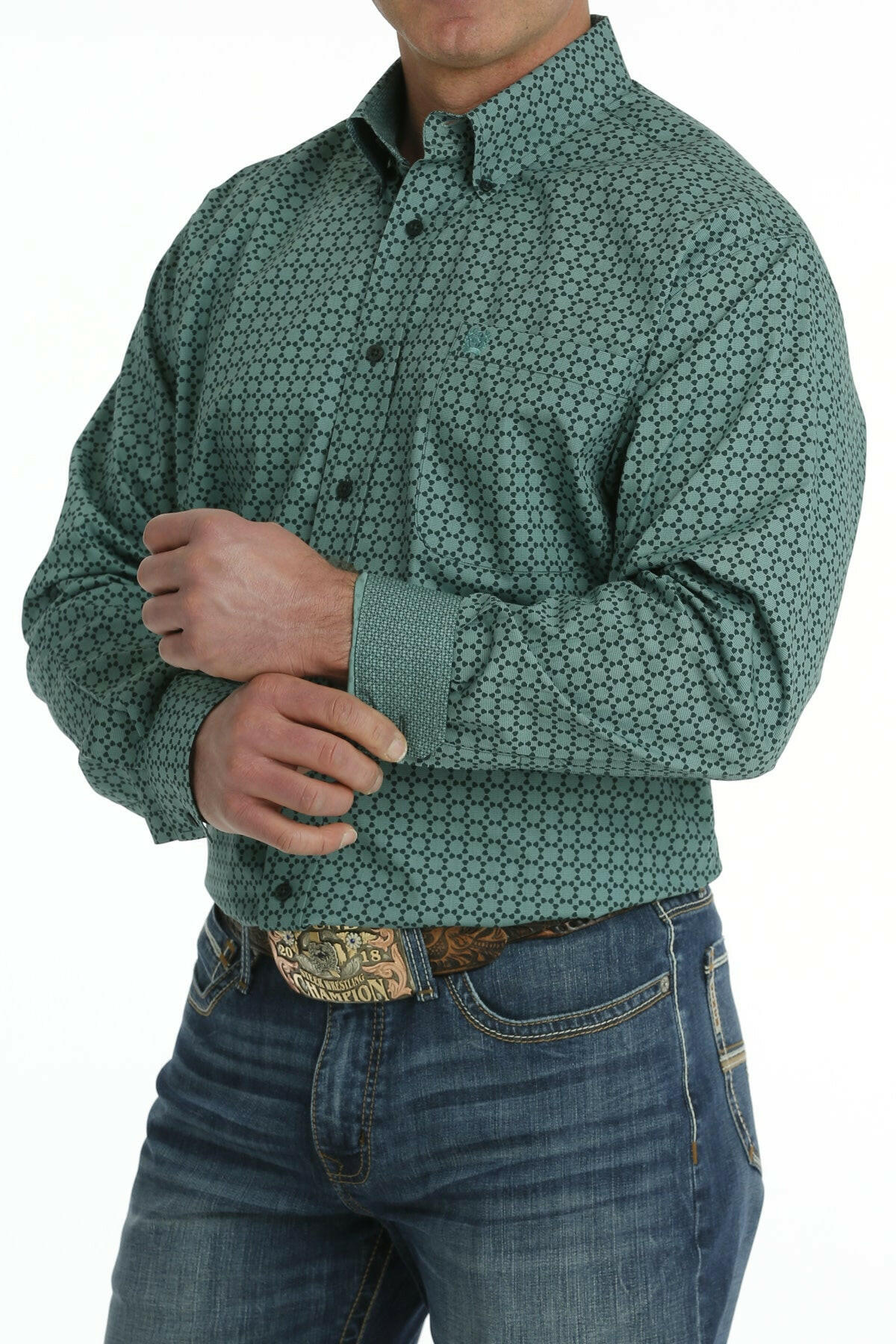 Cinch Men's Teal Printed Long Sleeve Shirt.