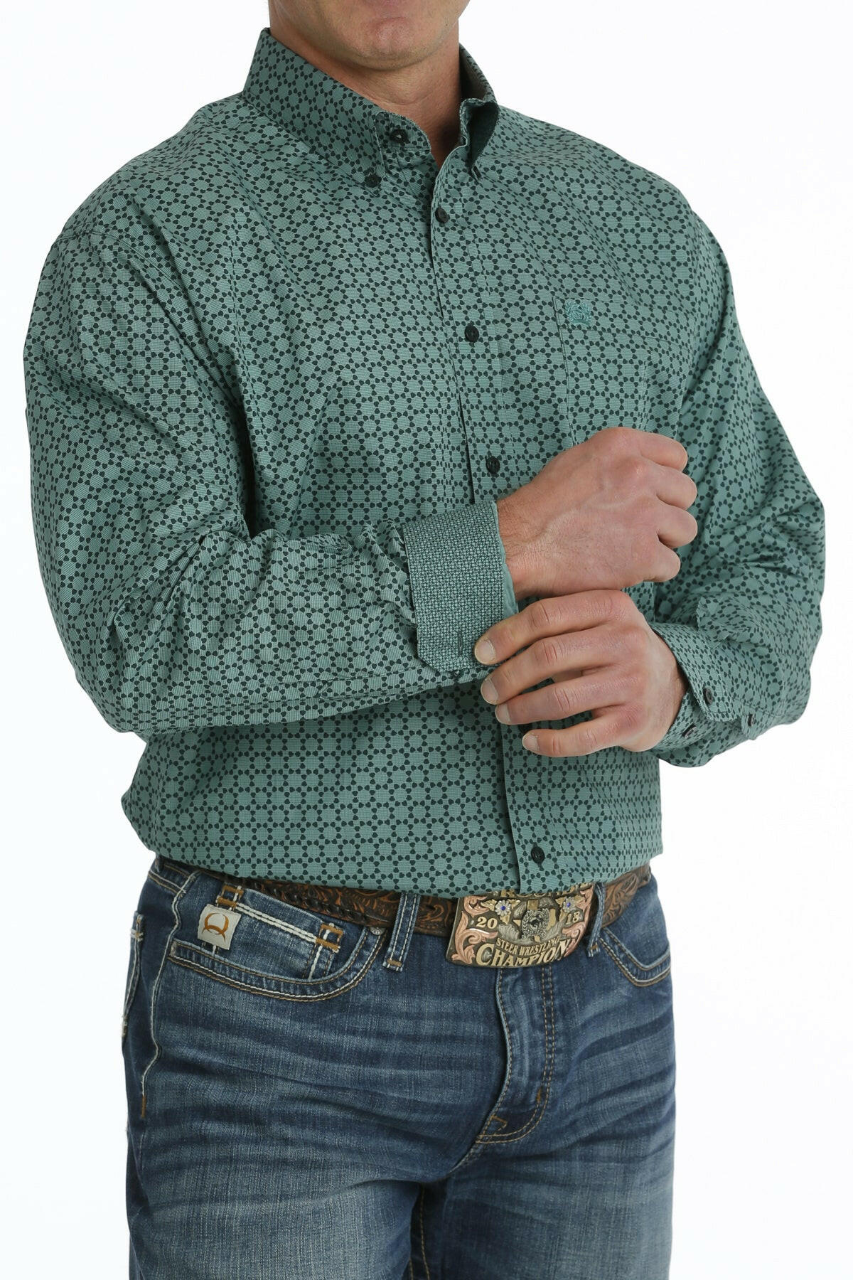 Cinch Men's Teal Printed Long Sleeve Shirt.