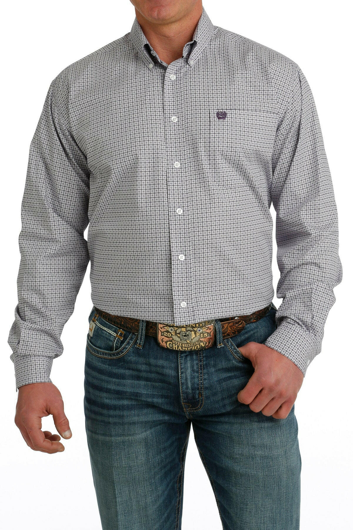 Cinch Men's Purple Patterned Long Sleeve Shirt.