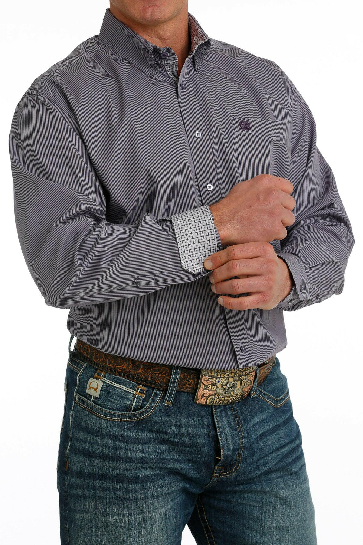 Cinch Men's Purple Pin Striped Long Sleeved Shirt.