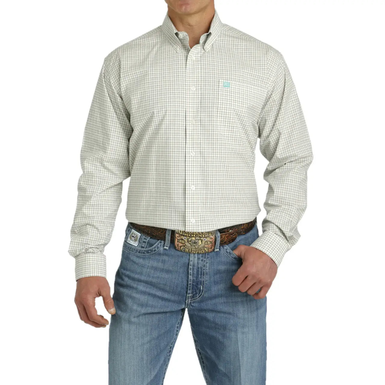 Cinch Men's Cream Colored Plaid Long Sleeve Shirt.