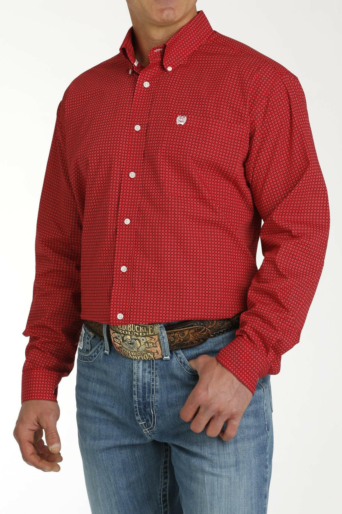 Cinch Men's Red Printed Long Sleeve Shirt.