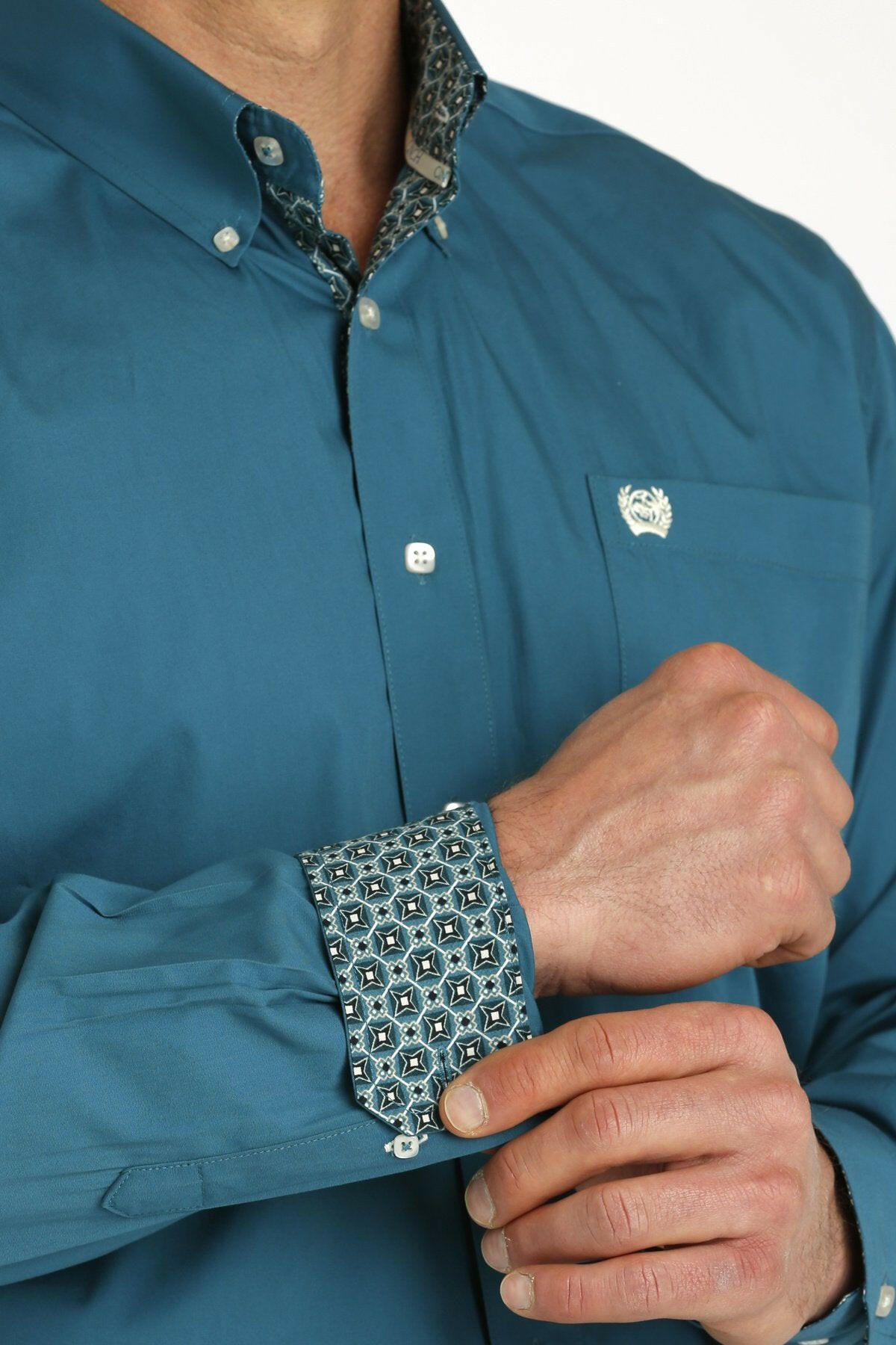 Cinch Men's Solid Teal Long Sleeve Shirt.
