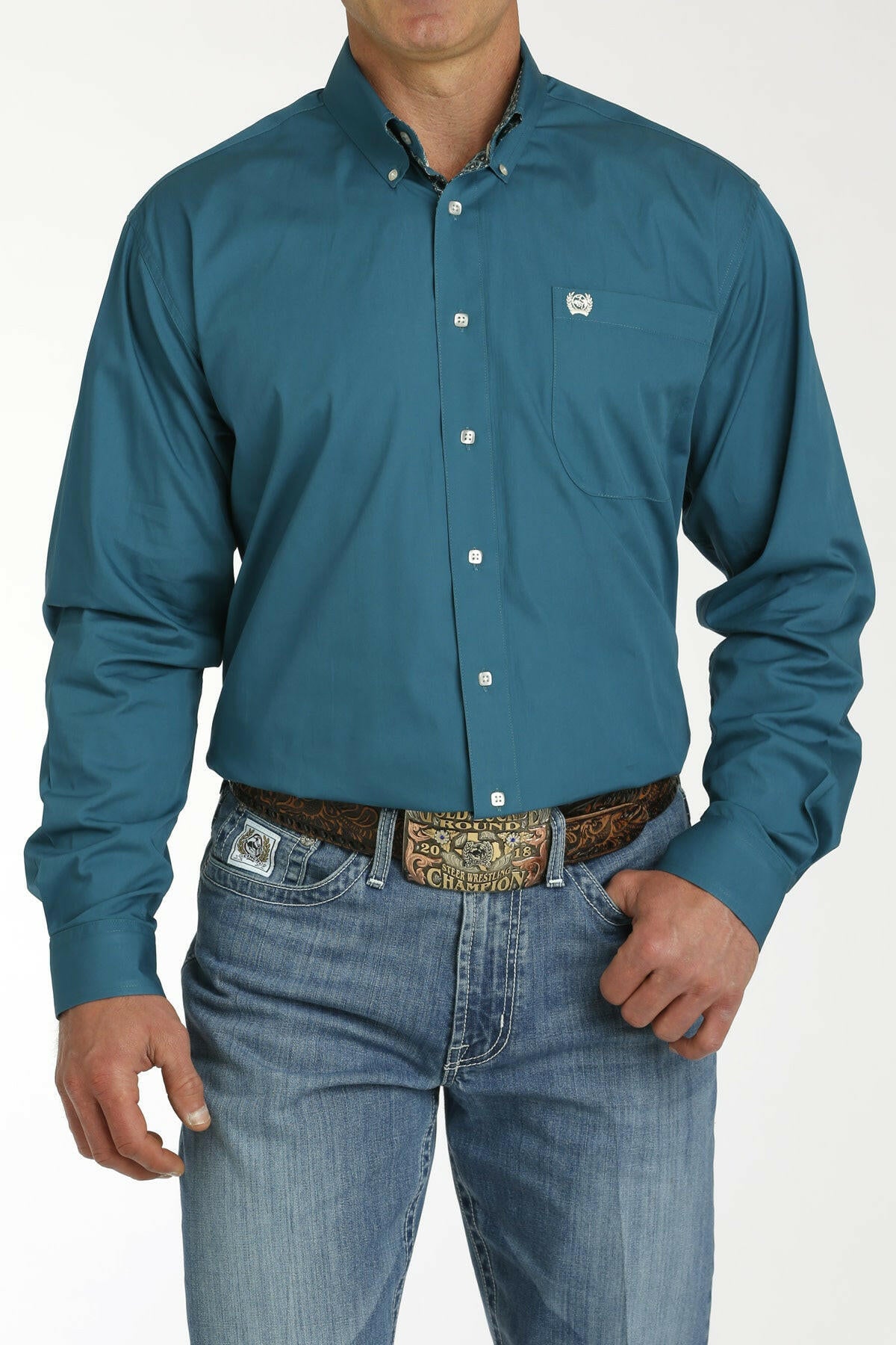 Cinch Men's Solid Teal Long Sleeve Shirt.