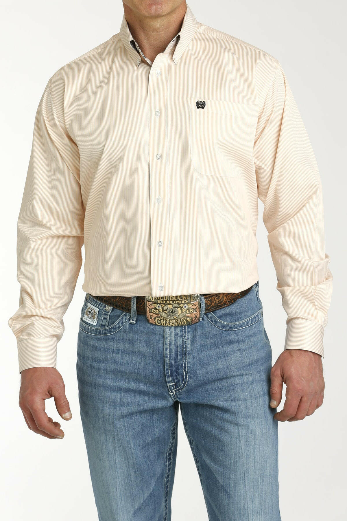 Cinch Men's Coral Striped Long Sleeve Shirt Size Medium.