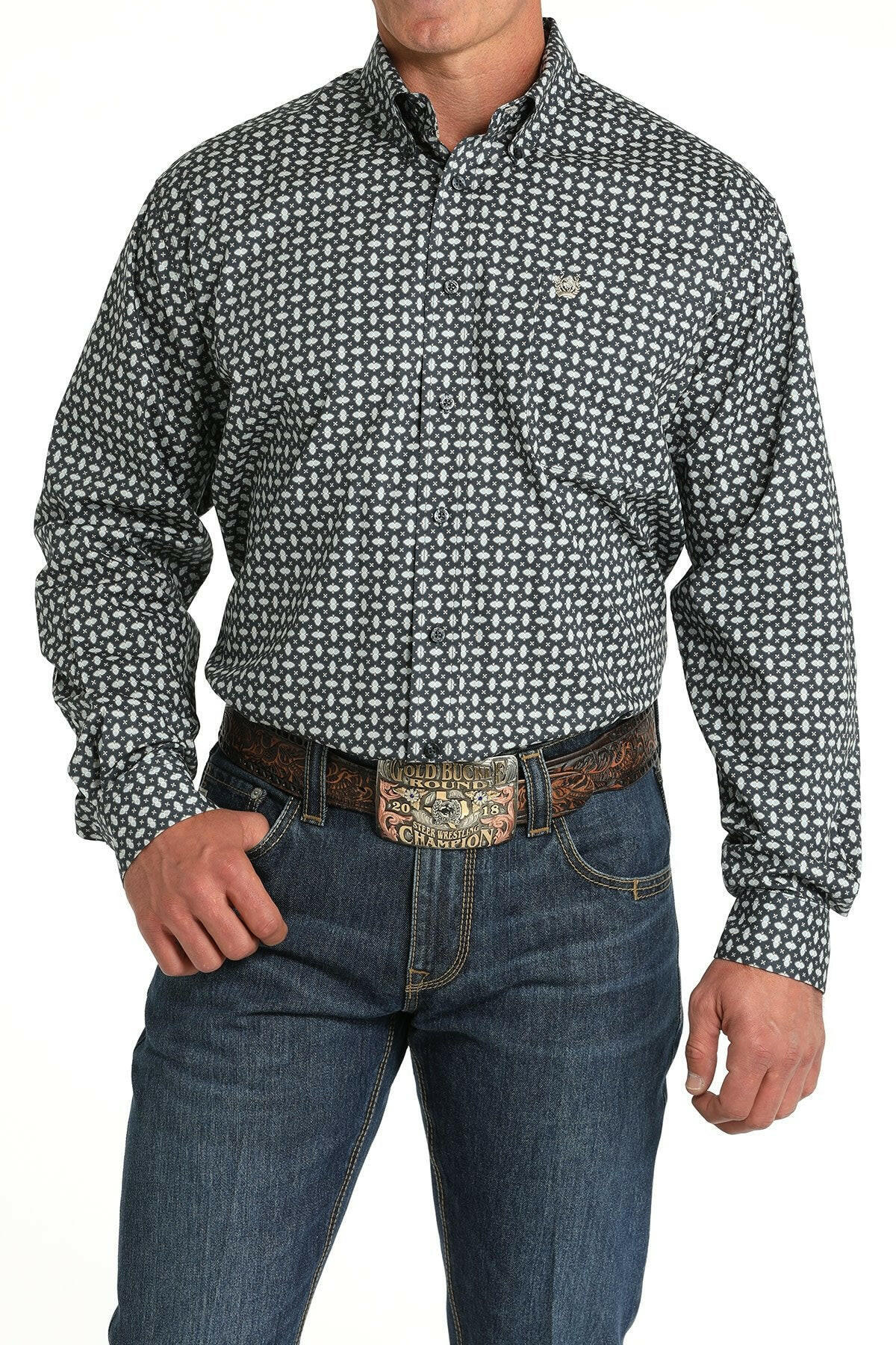 Cinch Men's Blue Printed Button Down Shirt.