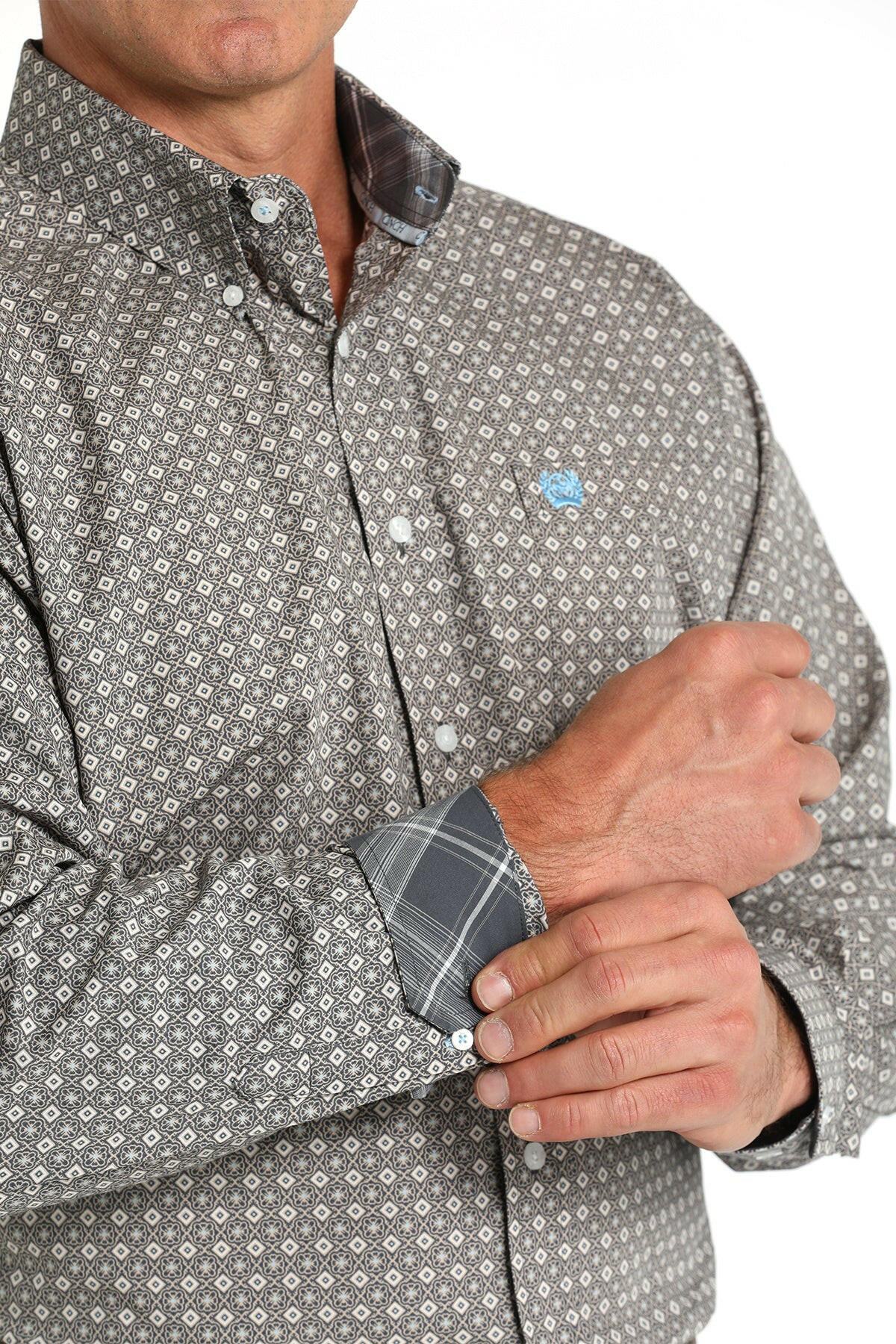 Cinch Men's Blue and Grey Printed Button Down Shirt.