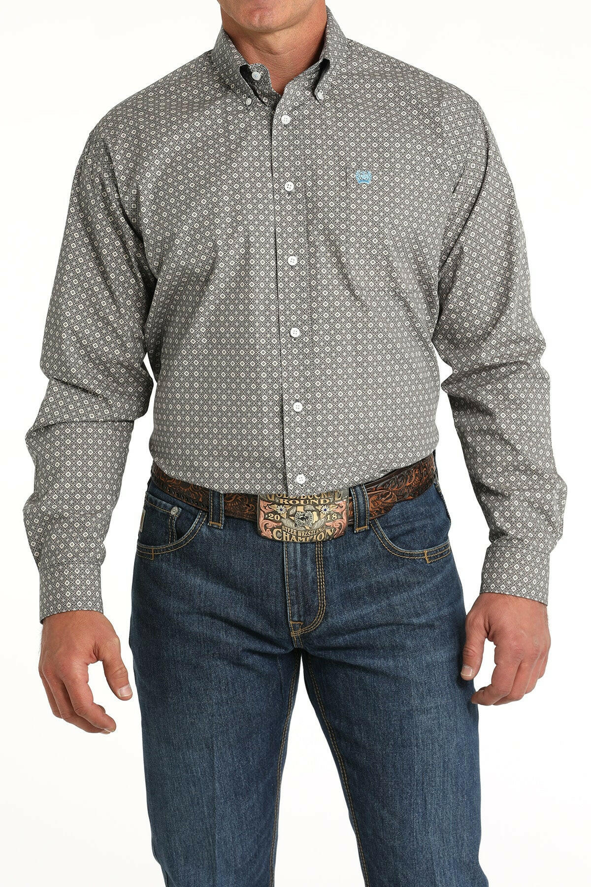 Cinch Men's Blue and Grey Printed Button Down Shirt.