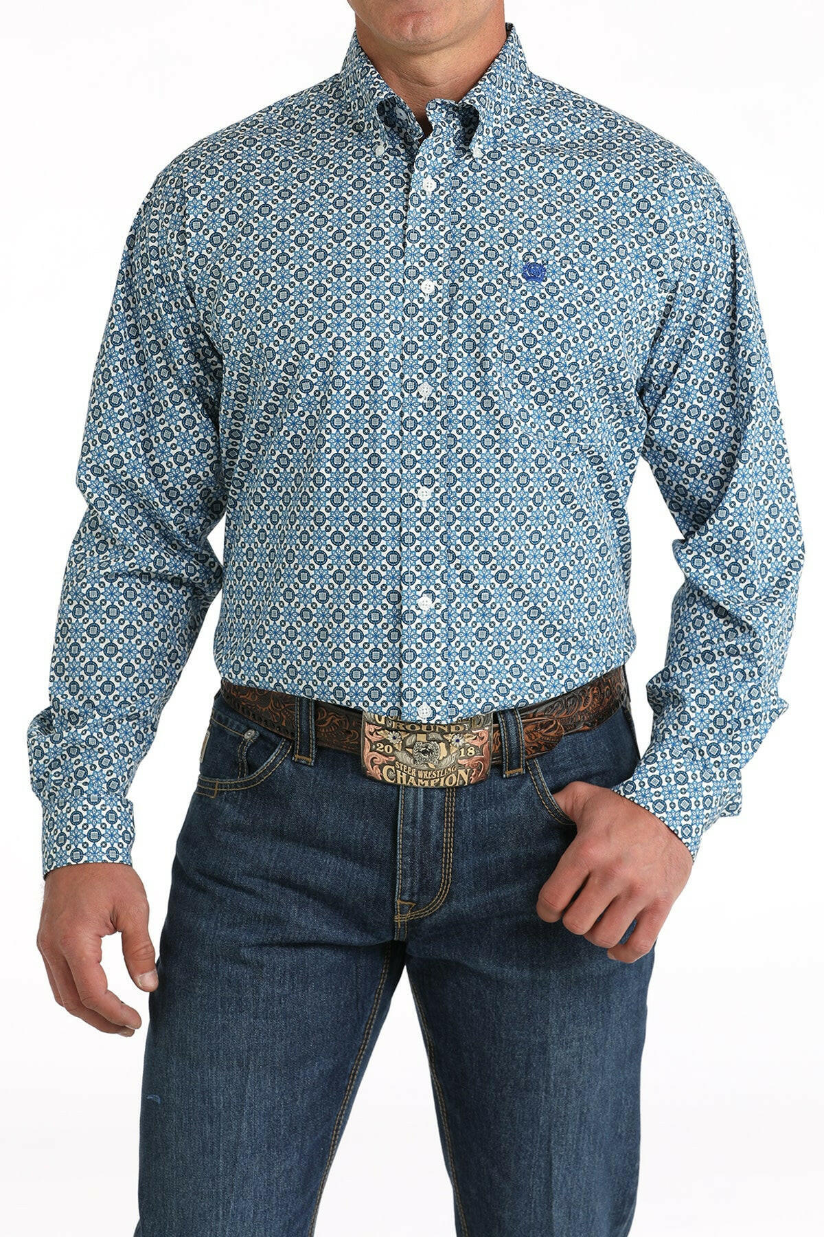 Cinch Men's White and Blue Printed Button Down Shirt.