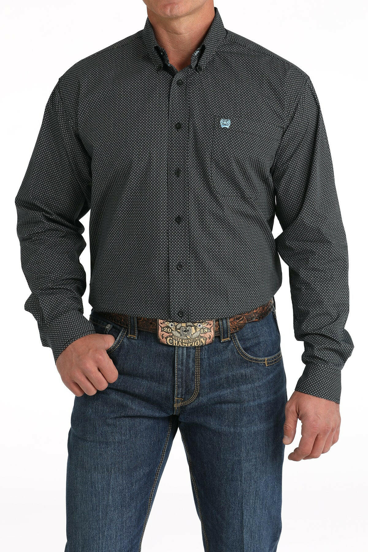 Cinch Men's Black Printed Long Sleeve Button Down Shirt Size Large.