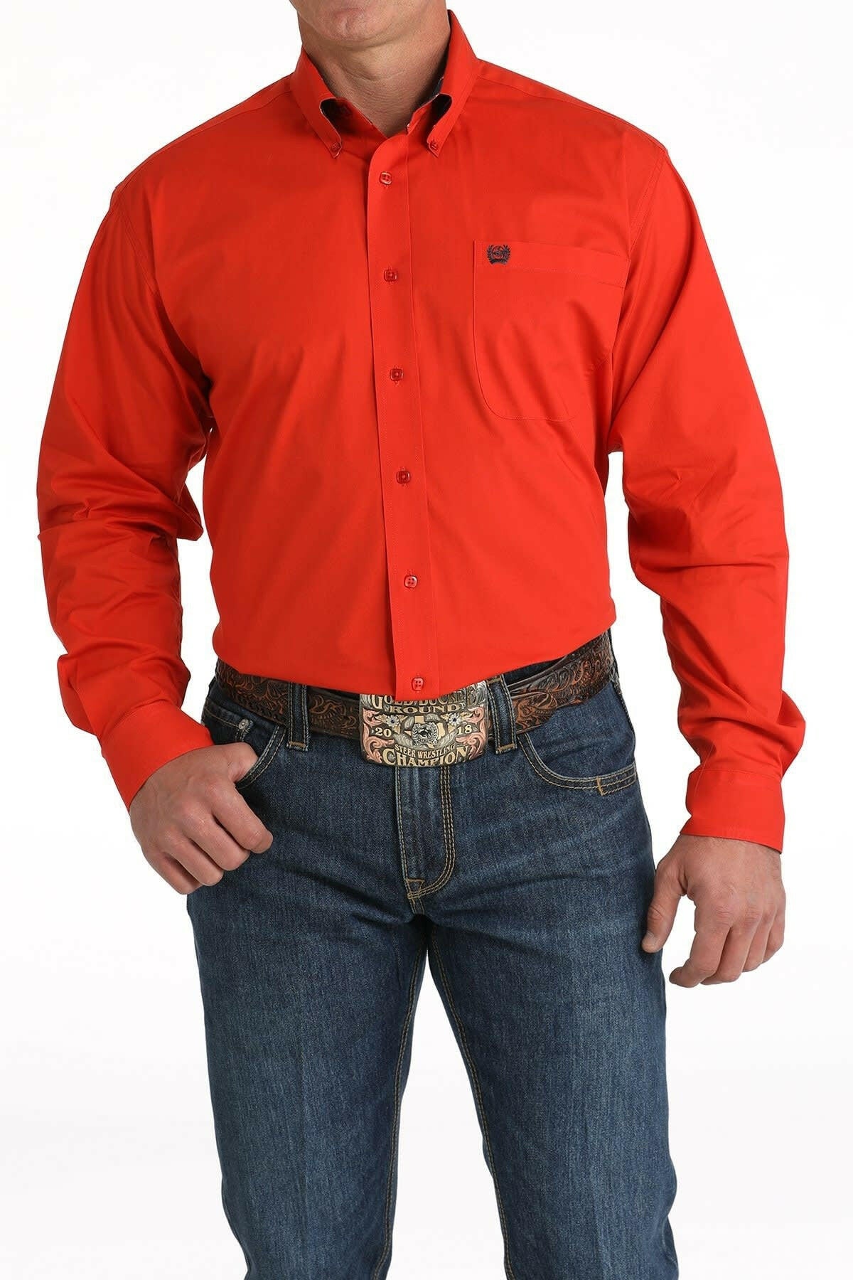 Cinch Men's Stretch Solid Red Button Down Shirt.